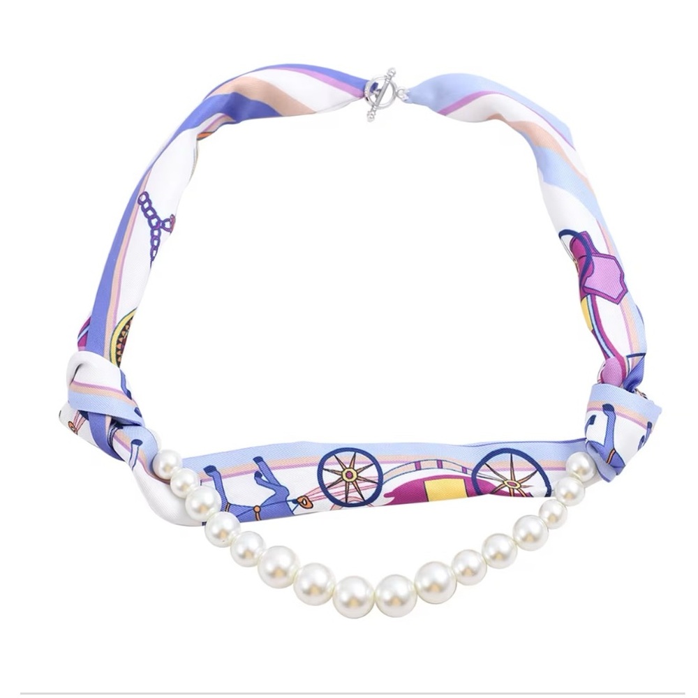 Simulated Pearl Printed Scarf Necklace
